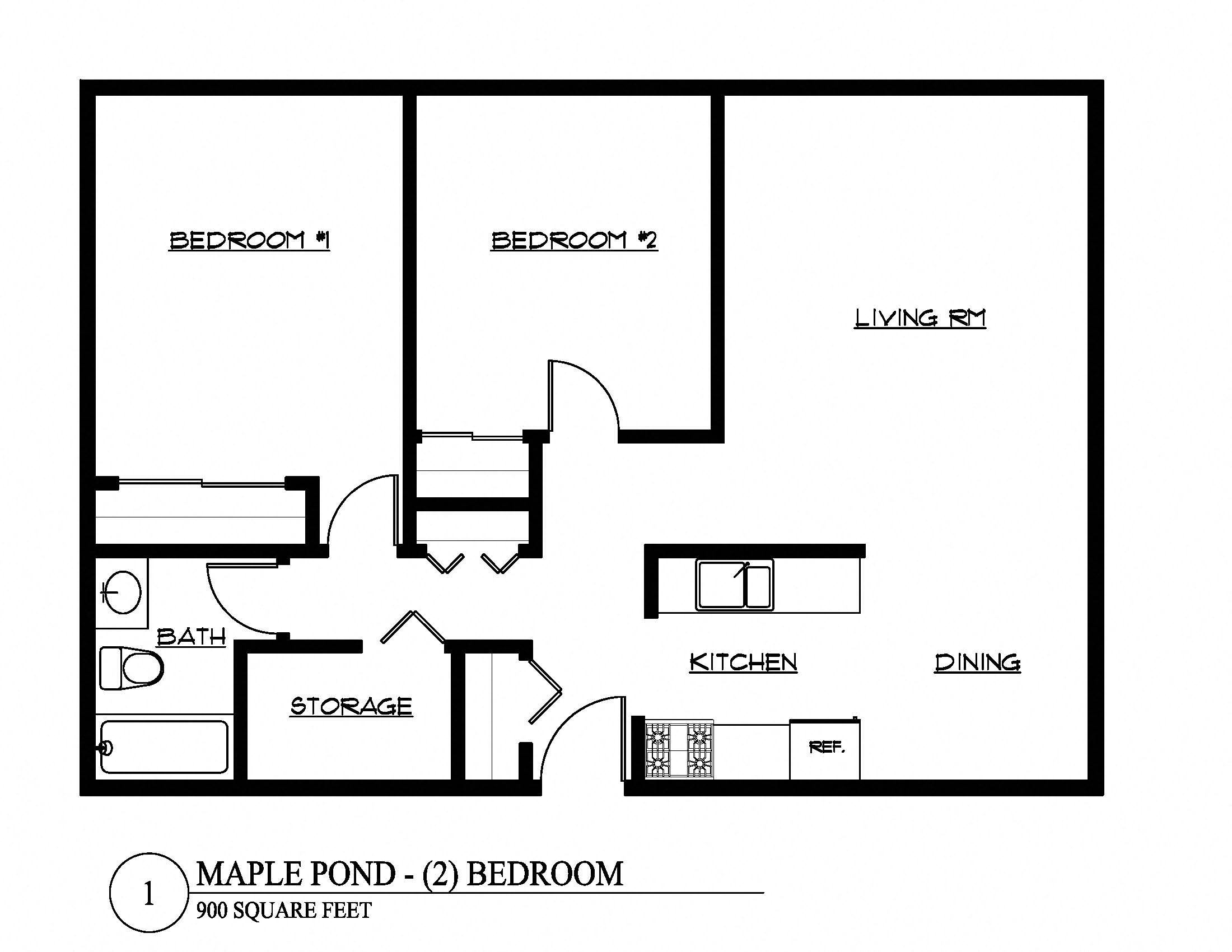 Floor plan for 2 beds, 1 bath, 900 sqft